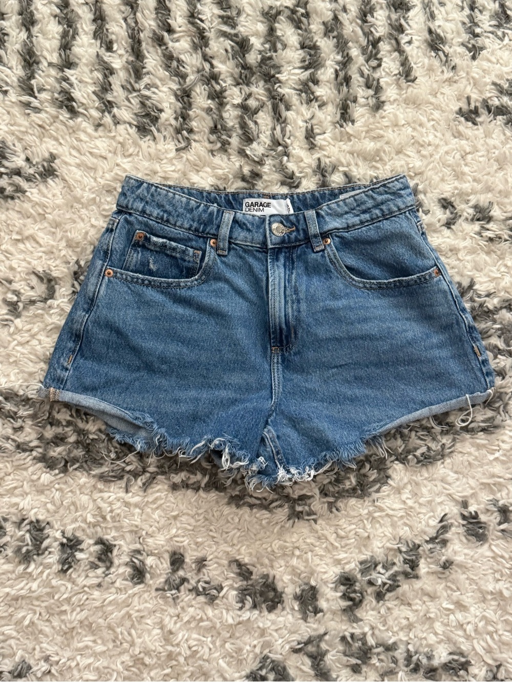 Garage Medium Blue High-Rise Frayed Hem Denim Shorts